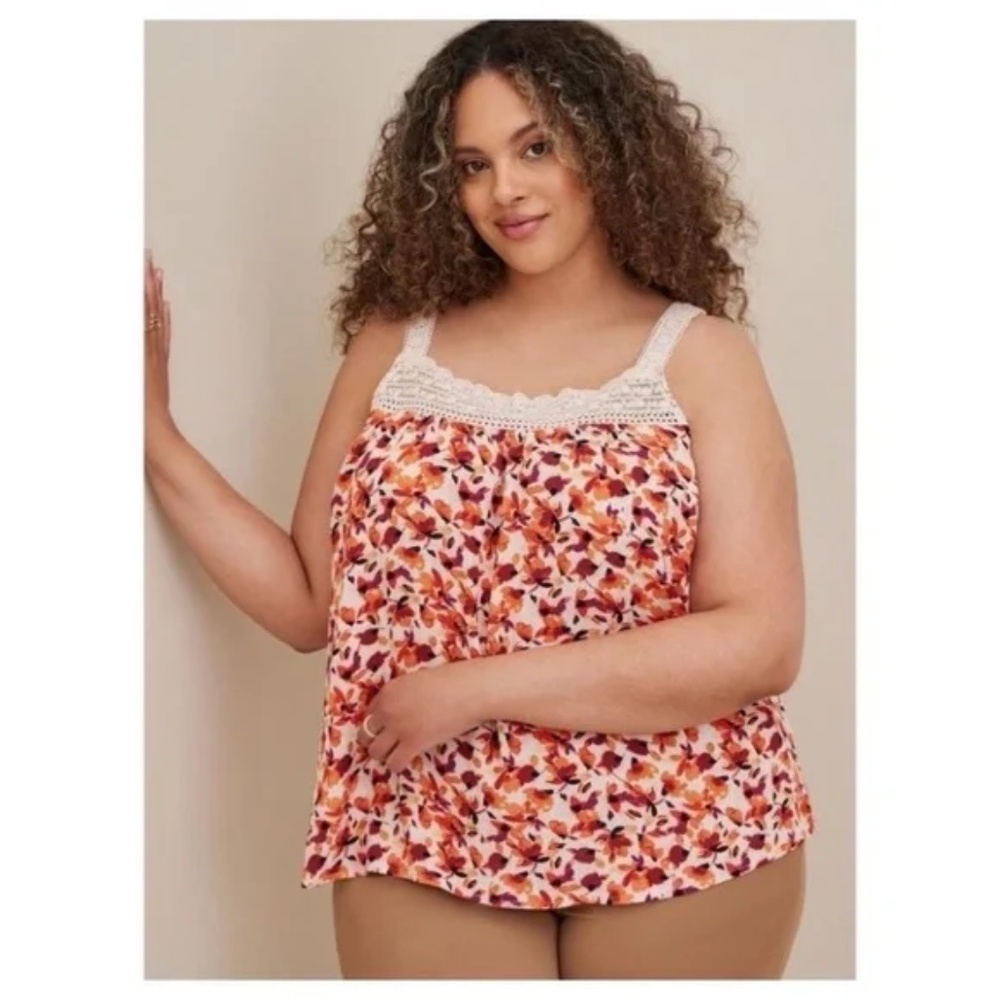 Torrid Sz XL Gauze Crochet Neck Tank Top Blouse Pullover Straps Floral Loose Fit